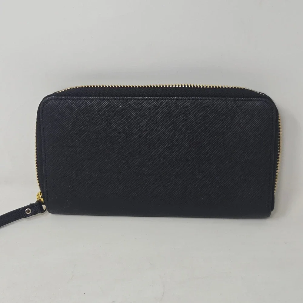 Kate Spade New York Black Saffiano Leather Zip Around Wristlet Wallet Gold Logo
